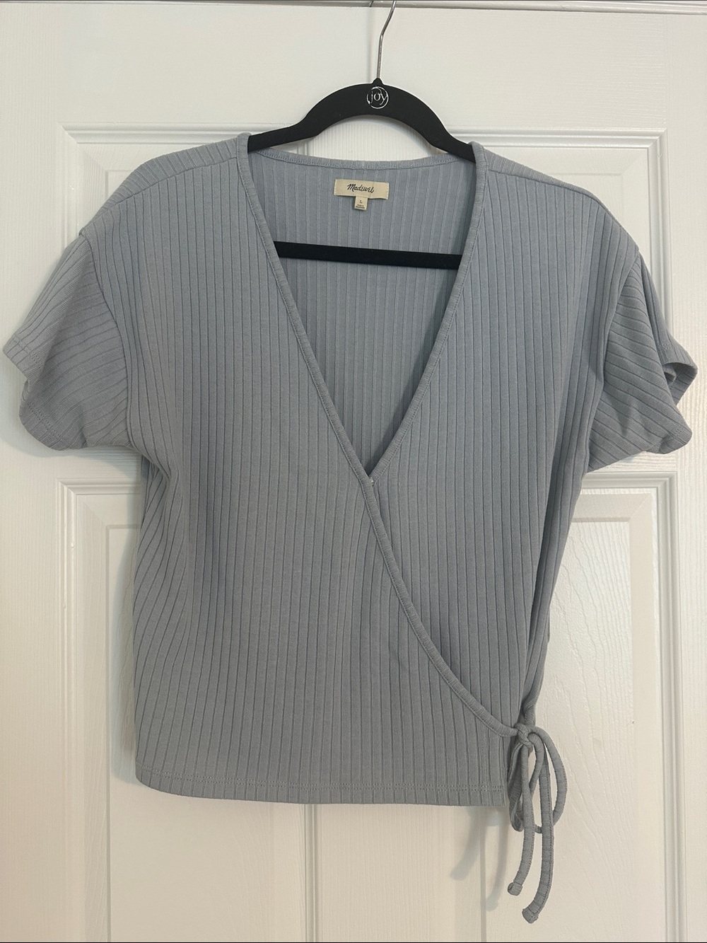 Madewell Light Blue Ribbed Wrap Tee with Side Tie